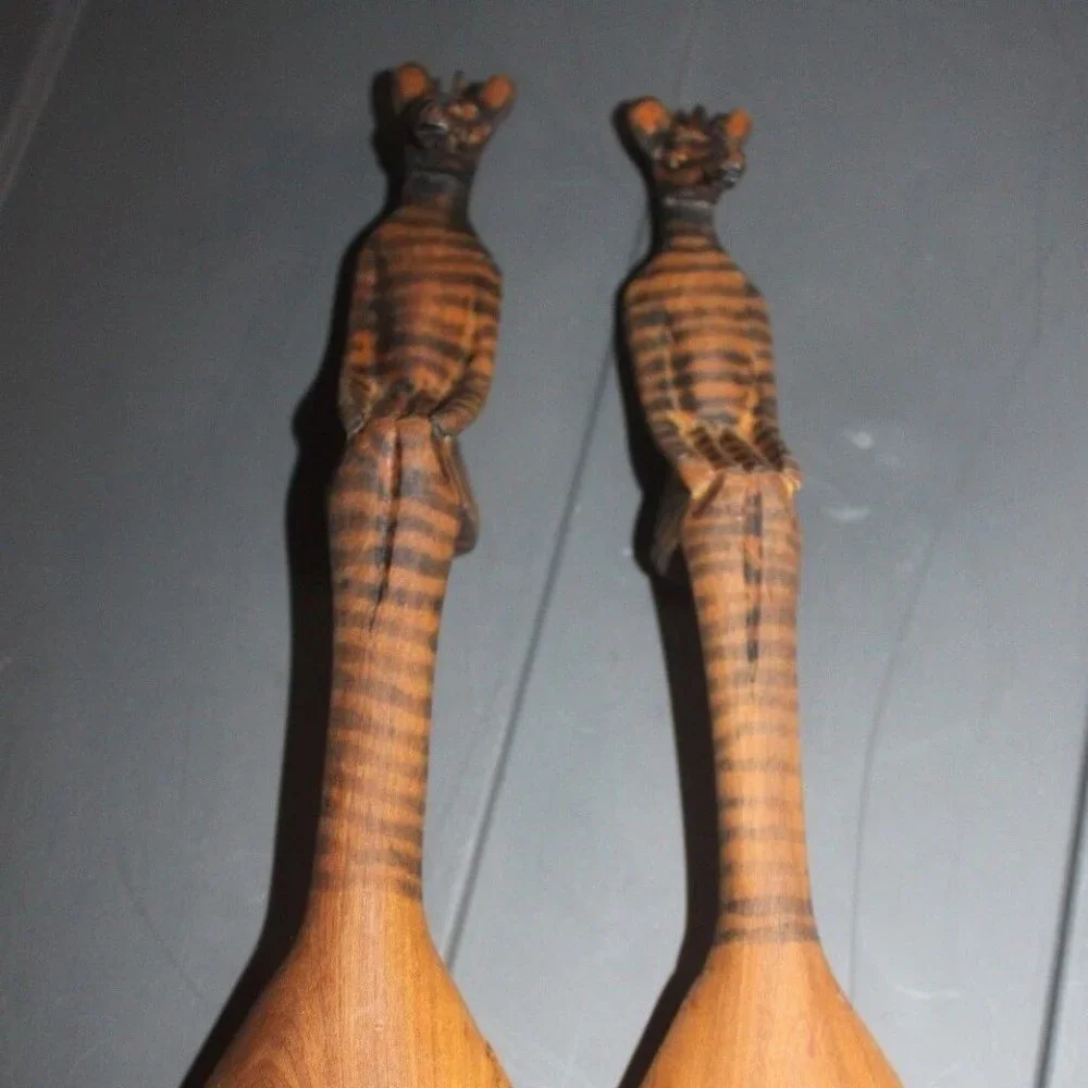 Unique Rare Carved Detailed wooden salad fork & spoon server striped animal …